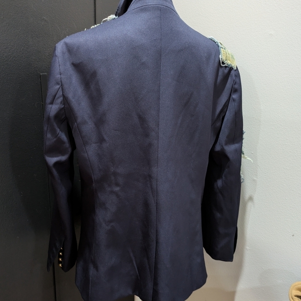 Navy And Red Blazer with Distressed Denim Patchwork - Picture 4 of 4